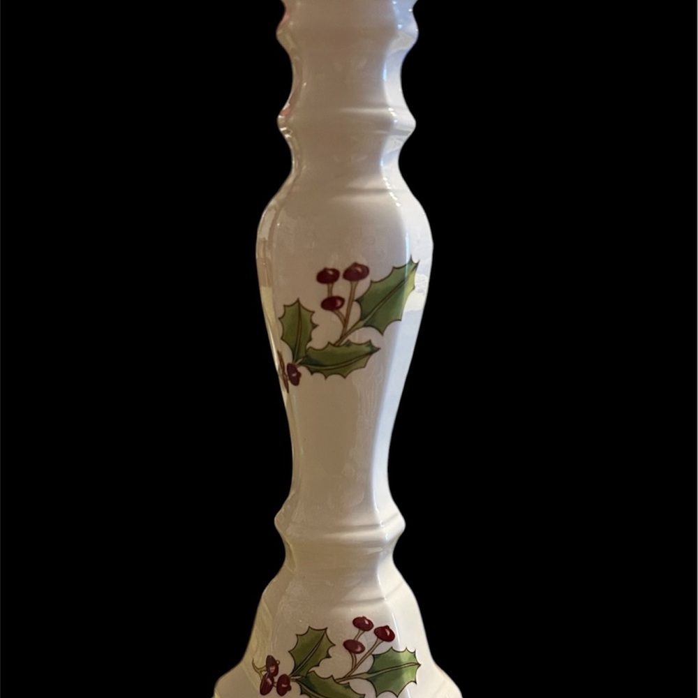 Sango White Ceramic Holly Candlestick with Green Leaves and Red Berries